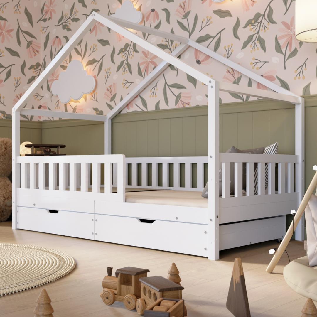 Crazy Pine Hausbett mit Schubladen 190x100 cm - Kinderbett aus Naturholz in Weiß - Bodenbett mit Stauraum und Abnehmbarer Barriere - Crazy House