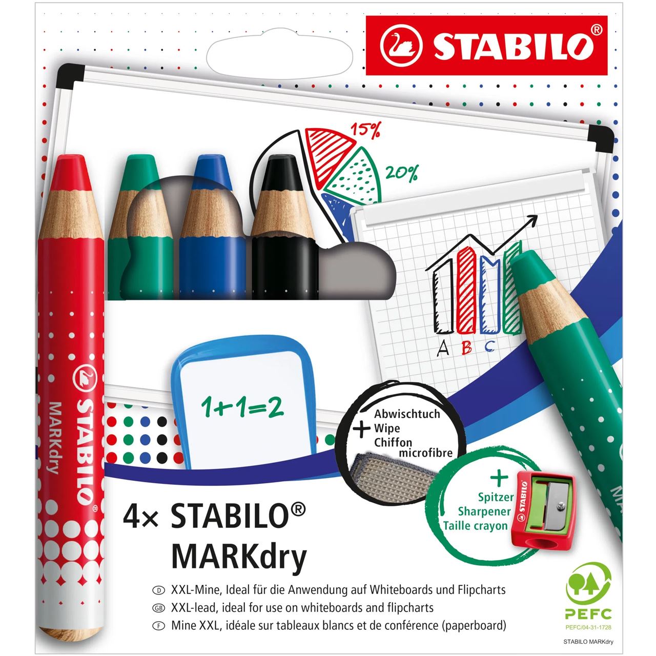 STABILO MARKdry Neon Whiteboard- und Flipchart-Marker farbsortiert 1,0 - 10,0 mm, 4 St.
