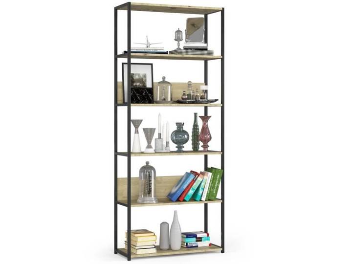 Étagère murale industrielle sur pied AKORD Noire 80 cm façade Chêne Artisan 6 étagères 80x32x192 cm