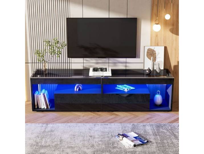 Meuble TV-SEYAKANY-180*40*46 cm avec 2 tiroirs espace de rangement ouvert éclairage LED-Noir