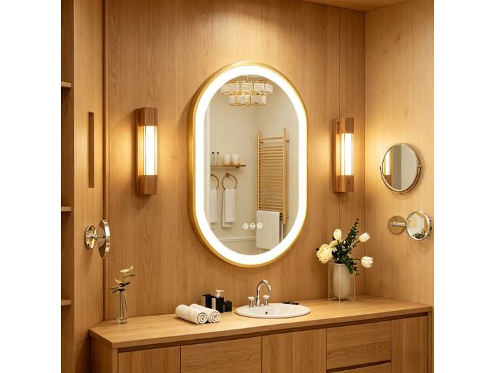 Miroir de salle de bain ovale LED de 80 cm, éclairé, anti-buée, miroir de maquillage intelligent, cadre doré, éclairage réglable, miroir de maquillage innovant
