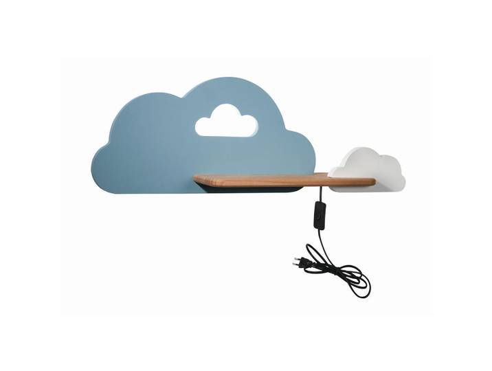 Kinderwandleuchte Cloud, Weiß, Hellblau, Holz, Metall, Eiche, Wolke, 12x18.5x53 cm, RoHS, Europäischer Sicherheitsstandard, Schnurschalter, einfach zu transportieren, Lampen & Leuchten, Innenbeleuchtung, Kinderzimmerlampen, Kinderwandleuchten