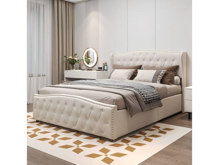 Lit 140x200 cm avec coffre de lit et sommier à lattes lit double lit coffre 140x200 cm tissu velours beige.