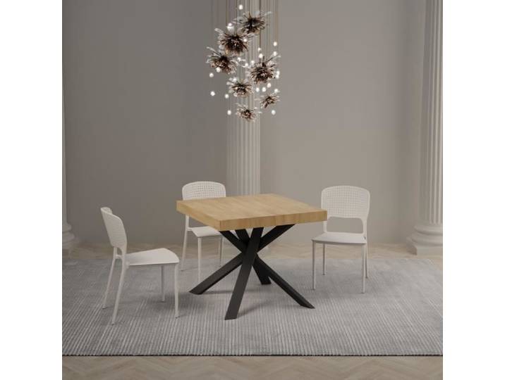 Table extensible - Clerk - 90x90 - Dessus Chêne Nature - Cadre Métal Anthracite - 6 places