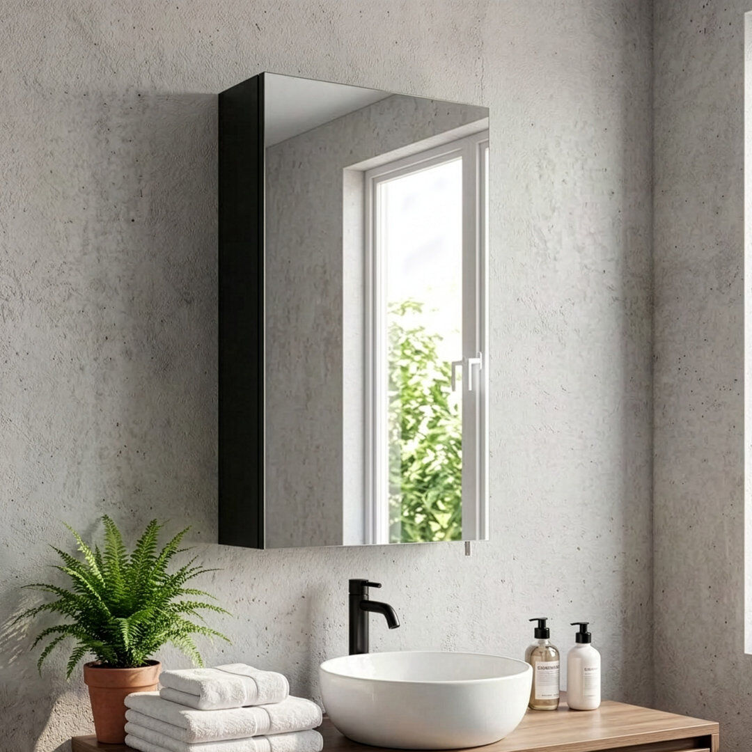 Croydex 400 mm W Surface Mirrored Bathroom Cabinets with Mirror and 2 Adjustable Shelves Matte Black 670mm H