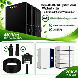 PV  Komplettset  20,16  kWp  -  42x  AIKO  480W  Full  Black  -  Deye  20  kW  Hybrid  Wechselrichter  +  16,36  kWh  Speicher