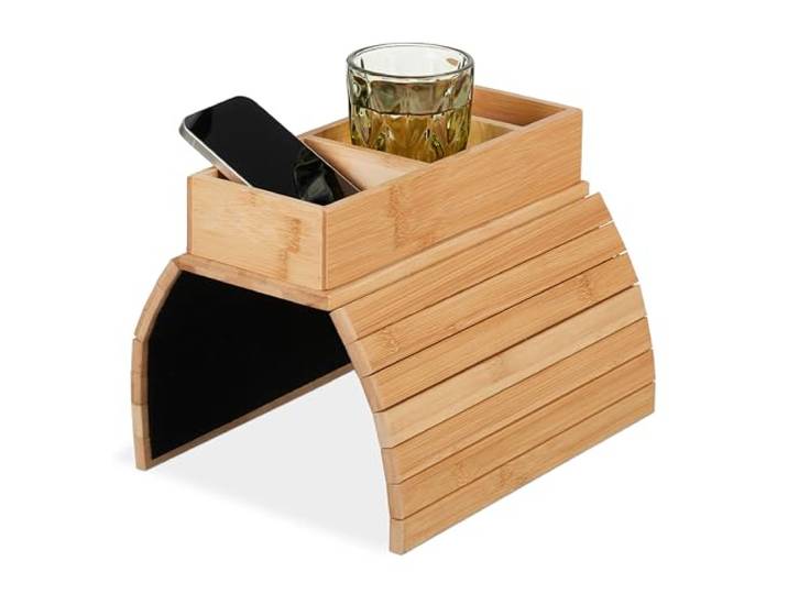 Relaxdays Support pour accoudoir\, Bambou\, Tablette pour canapé ou Fauteuil\, HxLxP: 6\,5x42x28 cm\, 3 Compartiments\, Nature