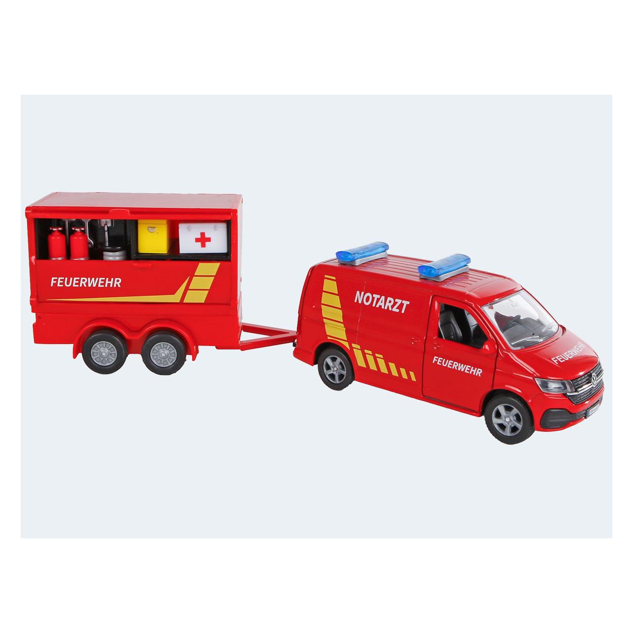 Kids Globe VW Transporter Feuerwehr mit Anhänger 28cm (520321)