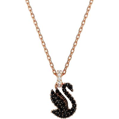 Kette mit Anhänger SWAROVSKI "Swarovski Iconic Swan", schwarz (roségoldfarben, kristallweiß, schwarz), Halsketten, Damen, Metall, L: 49, mit Emaille - mit Swarovski Kristall