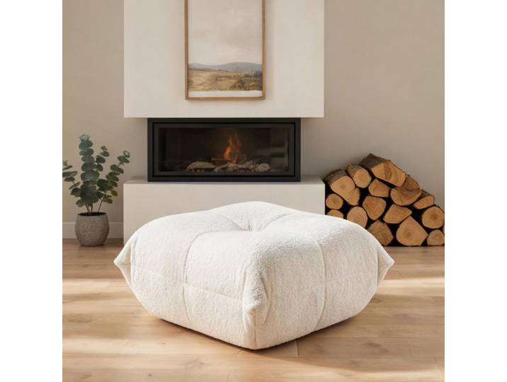 Pouf carré beige neutre en chenille structure tout-mousse et boutons antidérapant