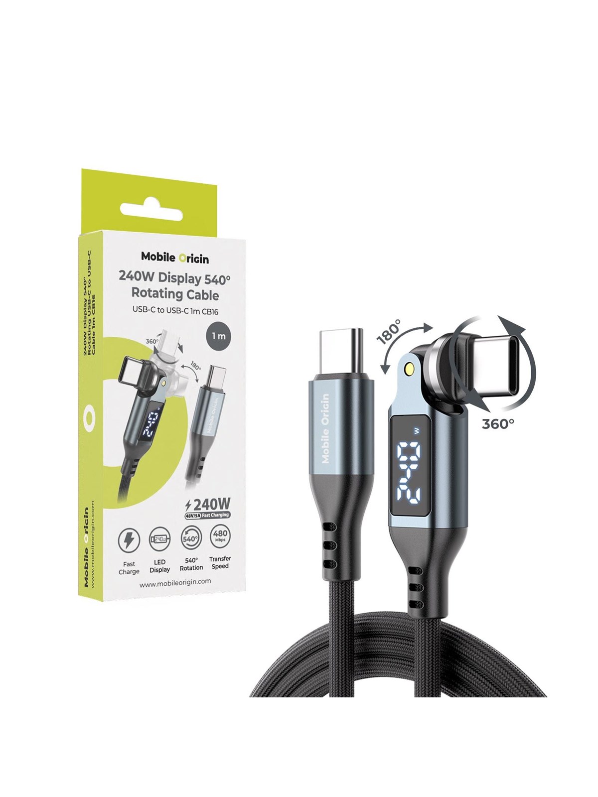 Mobile Origin CB16 Display 540° Rotating USB-C to USB-C Cable - 1m