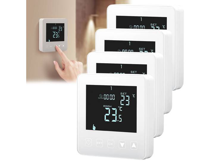4er-Set Wand Thermostat für Fussbodenheizung, Touch-Tasten, LCD-Display, programmierbar