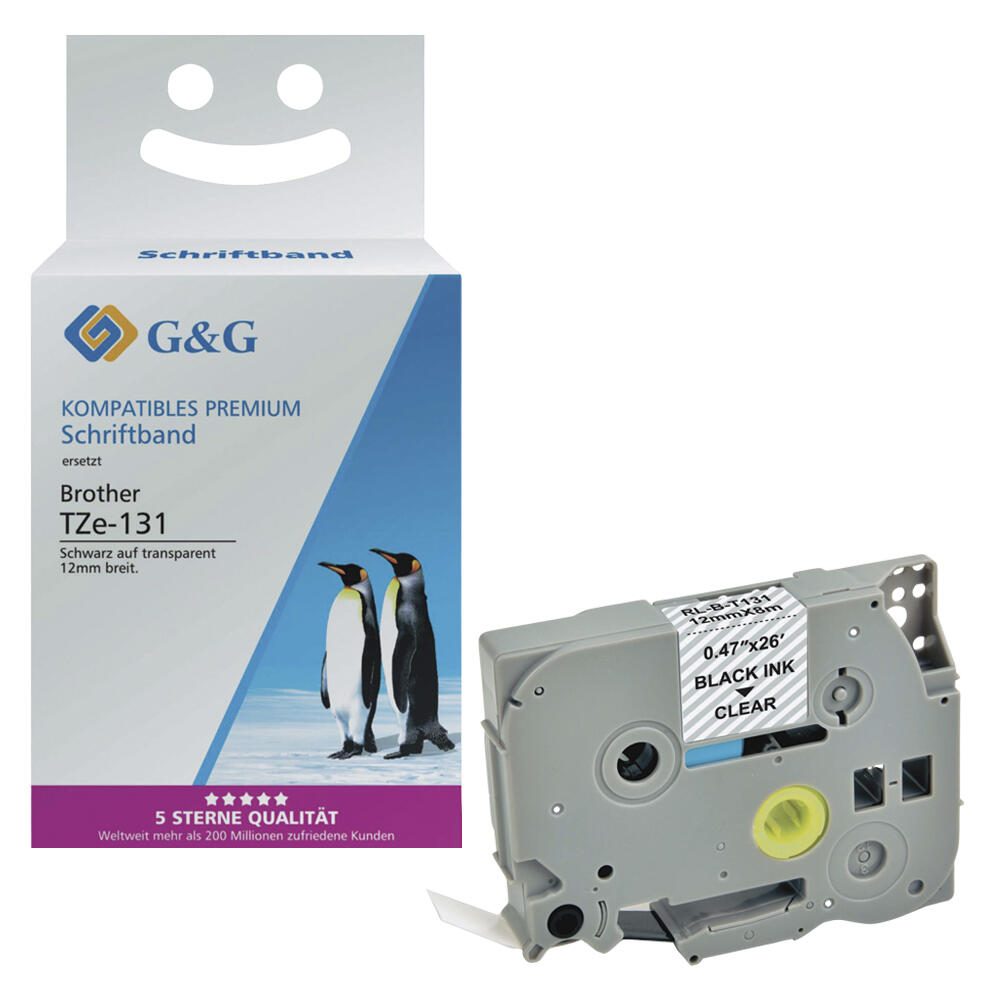 G&G Schriftband ersetzt Brother TZe-131, 12 mm, schwarz auf transparent 15026