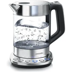 Arendo Wasserkocher 1,5 l, 2200 W, Edelstahl & Glas mit Basisstation, Temperatureinstellung 70° C - 100° C, Wasserkocher, Schwarz, Transparent, Silber