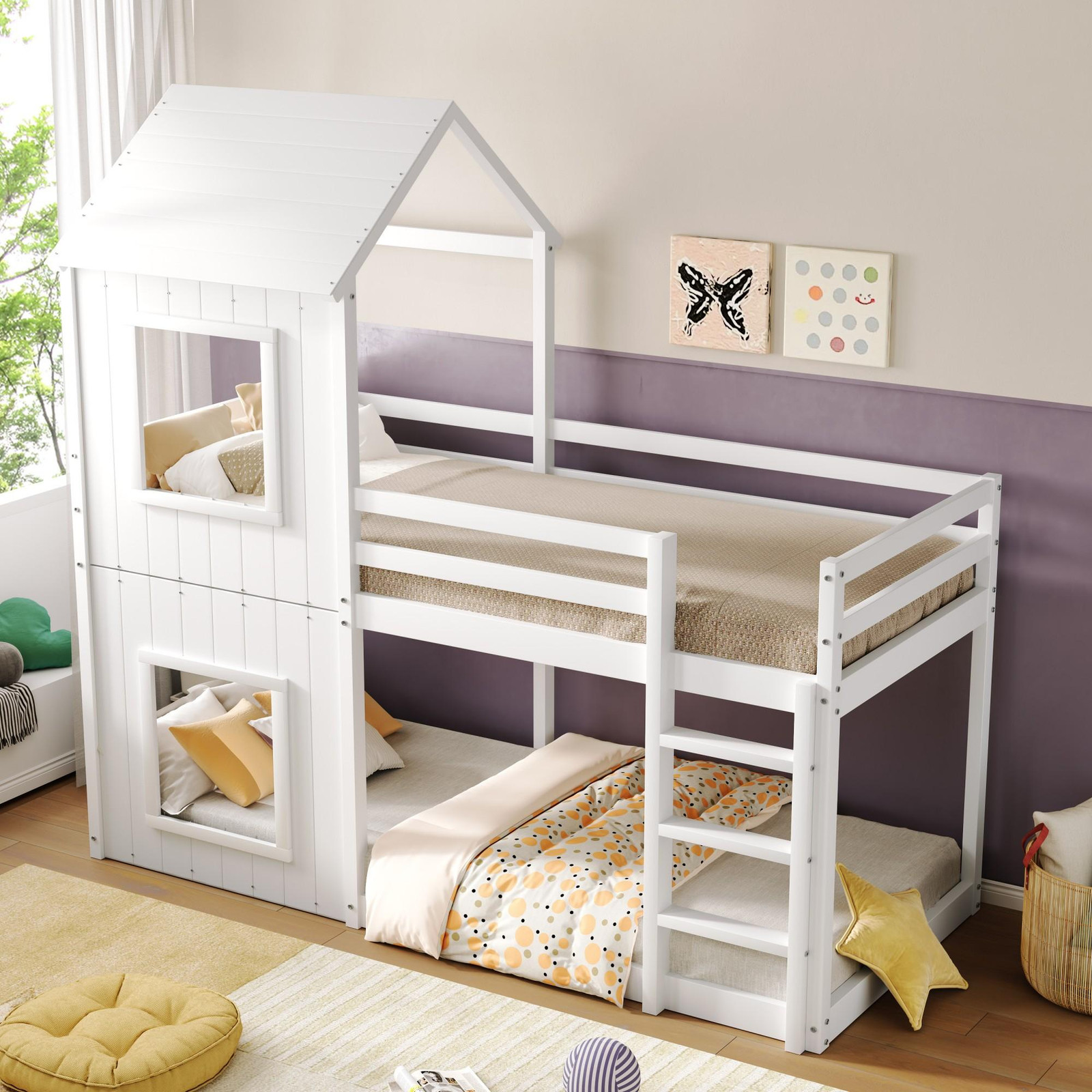 Sweiko Etagesbed voor kinderen, Huisbed met hemelbed en ladder, Massief hout, Wit, 90 x 200 cm