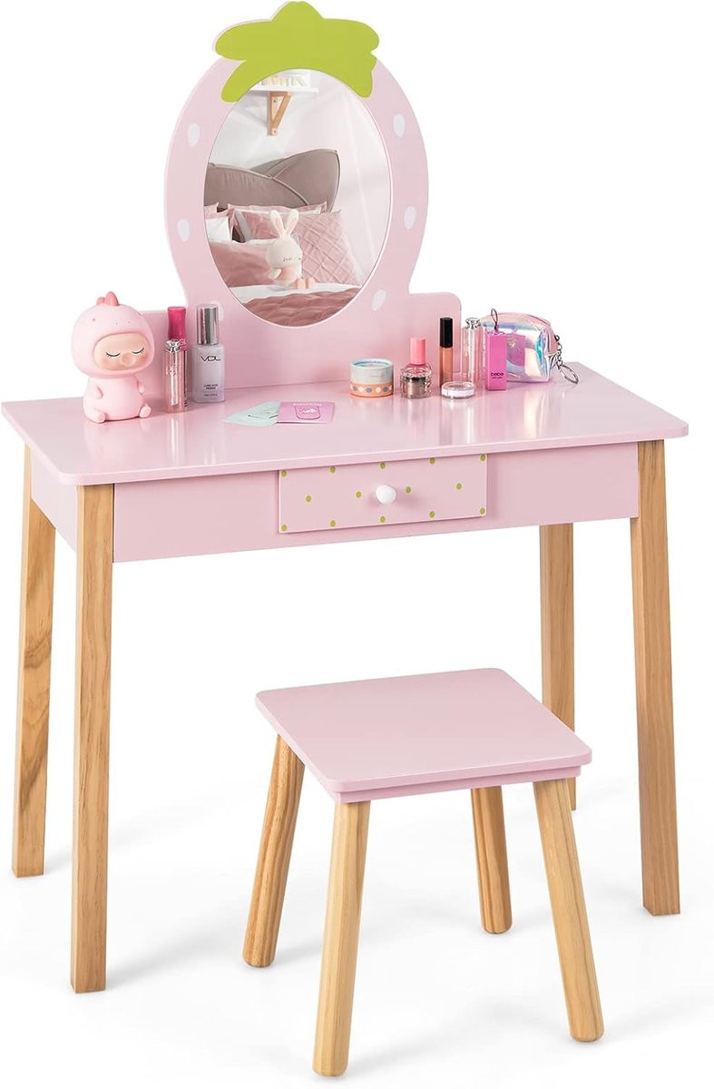 KOMFOTTEU Kindermake-uptafel met spiegel en kruk, roze