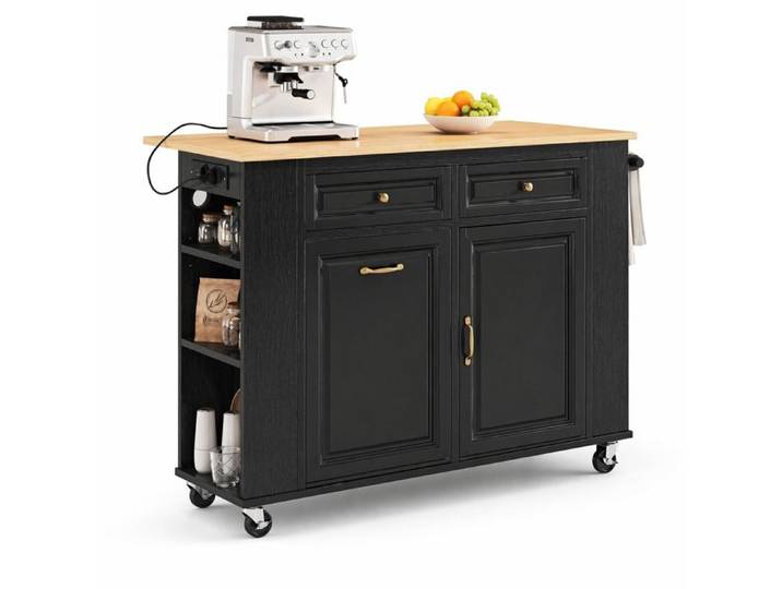 Îlot central mobile – Noir et naturel – Plan de travail extensible 120 cm – Prises intégrées