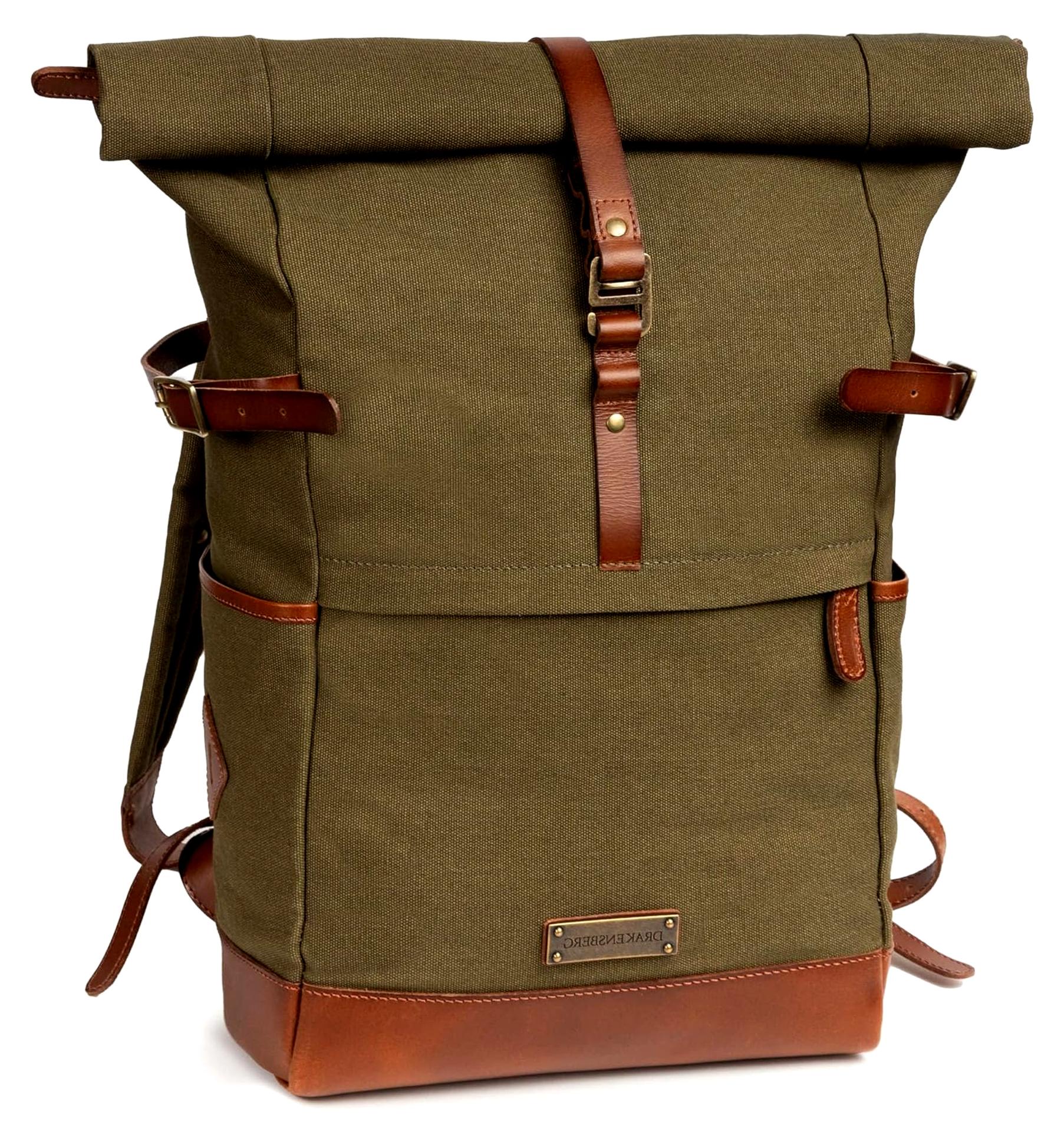 Rolltop-Rucksack 'Wyatt' Herren, Damen, wasserabweisendes Canvas mit Leder, 16" Laptopfach, 20-30L - Oliv-Grün, DR00106