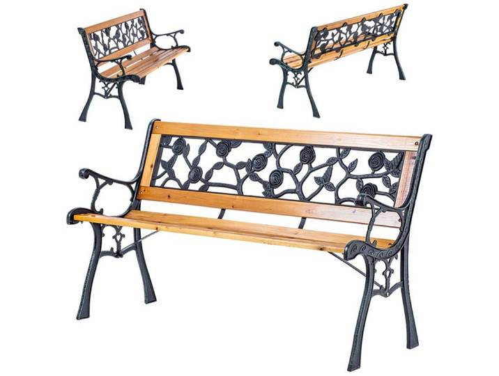 KADAX Banc de Parc de Jardin en Bois 127 cm Banc en Fonte avec Dossier Roses