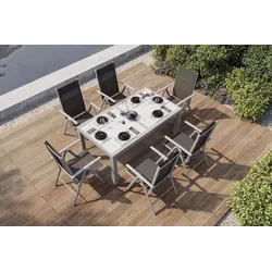 Villana Sylvania Garten-Essgruppe, 6 Personen, ausziehbarer Tisch 160–220 cm, Aluminium/Textil