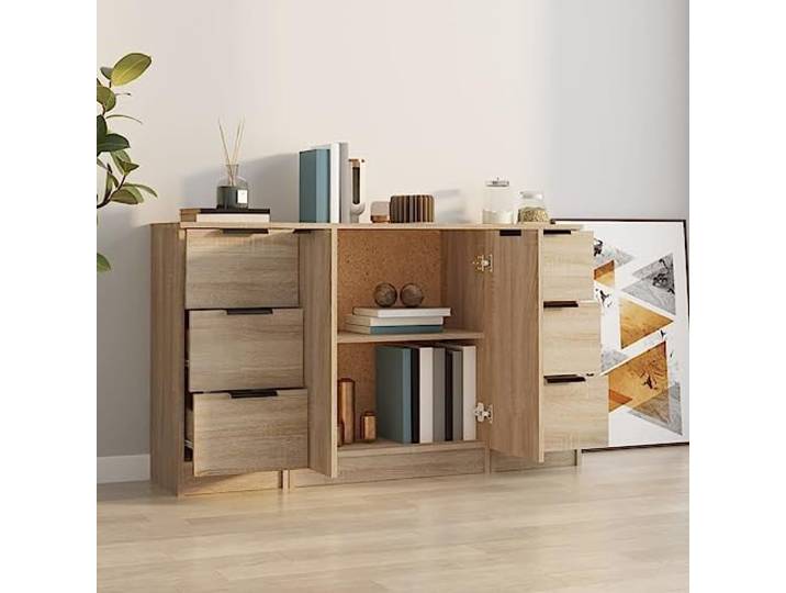 KTHLBRH Sideboards 3 Stück Eiche Sonoma Holz mehrschichtig Multifunktionales Möbelstück, großer Stauraum, leicht zu reinigen, Wohnzimmerschrank