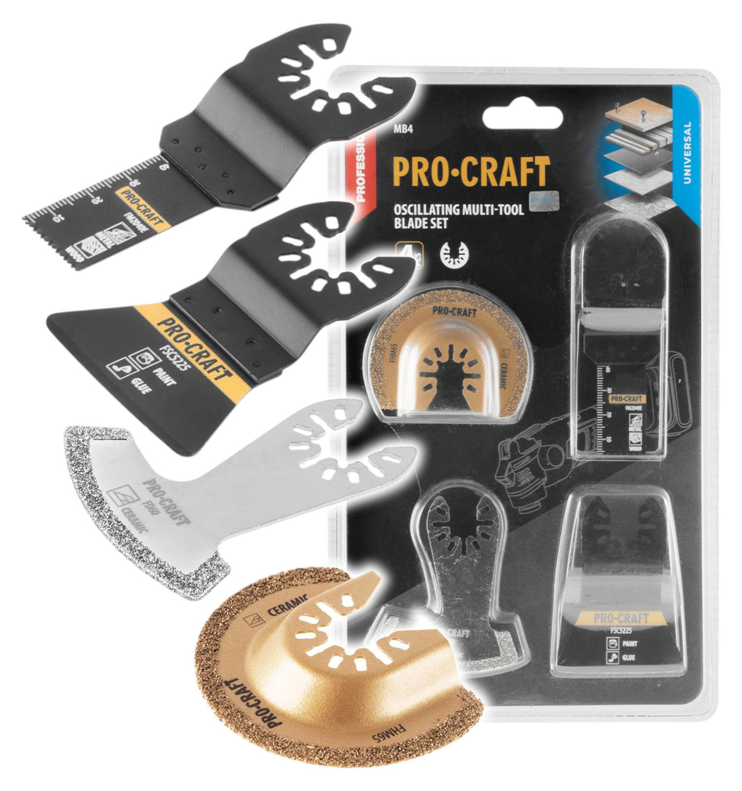 Procraft MB4 universele accessoire-set, 4-delig, voor oscillerende multifunctionele gereedschappen
