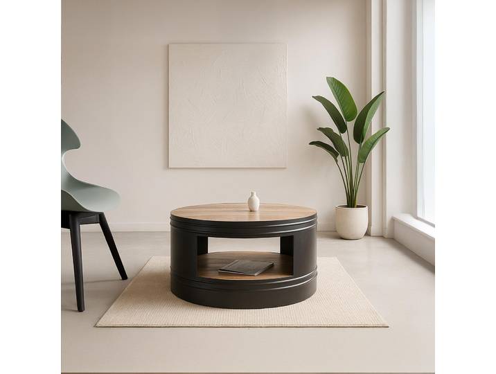 Table basse ronde industrielle vintage en bois massif et métal - Bric-broc