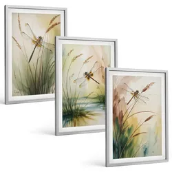 BILDER SET 3er Set - 40x60 cm Silberner Rahmen - Libellen im Gras, Wassermalerei