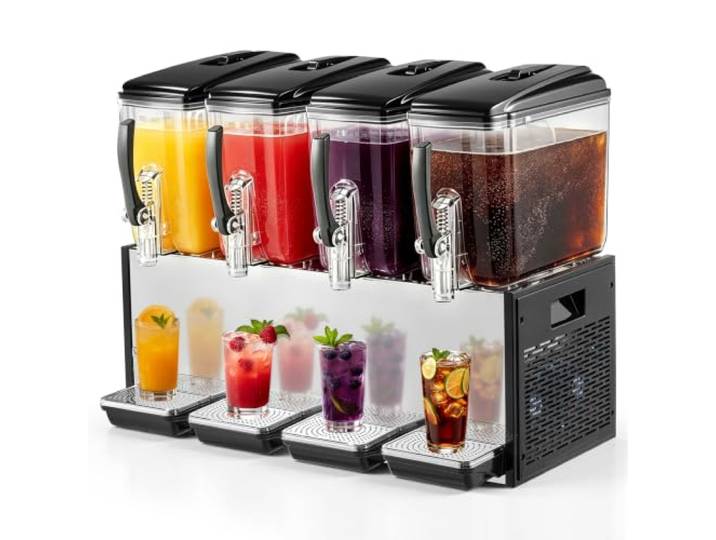 VEVOR Distributeur de Boissons Réfrigérées 4x12 L Fontaine à Jus de Fruits Pour Boissons Fraîches Buffets CHR\, 4 Cuves\, Température 7-12 °C\, Fonction Réfrigération et Agitation\, Professionnel\, En Inox