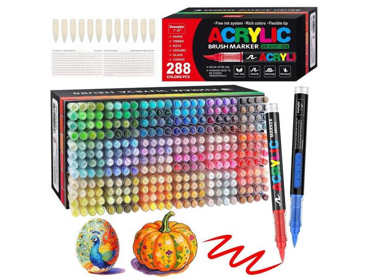 Acrylstifte Set 288 Farben Pinselspitze Wasserfest für Glas Stein Stoff DIY-Handwerk, Mehrfarbig, Kunststoff, 1x1x13.9 cm, Dekoration, Malbedarf & Bastelbedarf