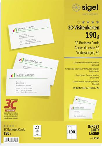 Sigel LP790 Bedruckbare Visitenkarten, glatte Kanten 85 x 55mm Hochweiß 100 St. Papierformat: DIN A4