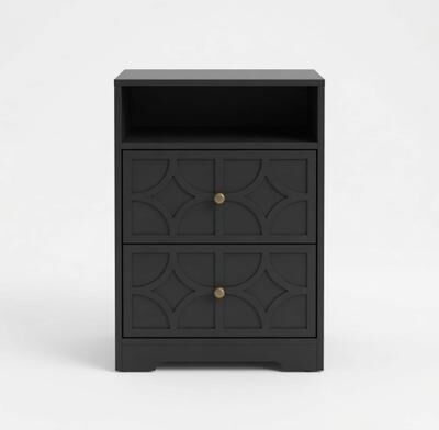 Klair Living Set of 2 Wood Nightstands with 2 Drawers, Charging Station and Open Shelf