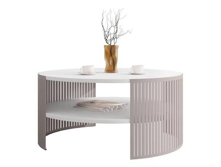 Mirjan24 Couchtisch Fahugin, runde Form (Arktisches Weiß/Cashmere) Kaffeetisch mit praktischem Ablageboden, Ø 75 cm, stabilem Metallgestell und pflegeleichter Tischplatte