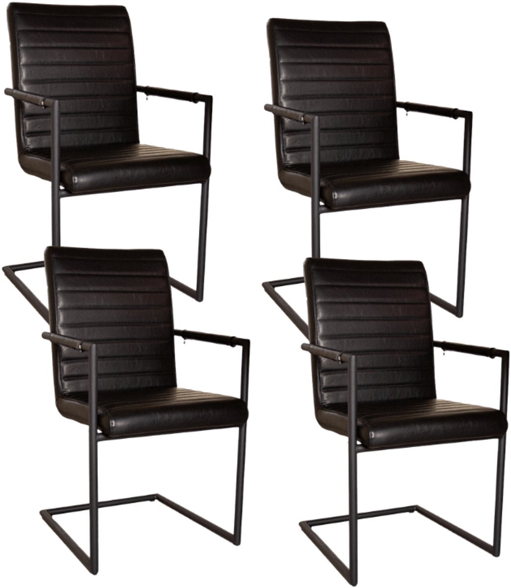 Dimehouse Set van 4 Bras Eetkamerstoelen met Armleuningen - Industrieel - Zwart - Kunstleer