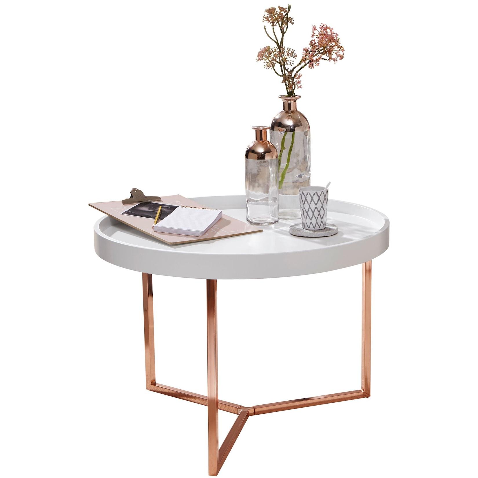 KADIMA DESIGN Sofatisch LIA Rund: Retro Stil, Metallgestell, abnehmbares Tablett, Anti-Rutsch-Noppen, Kupfer/Weiß.