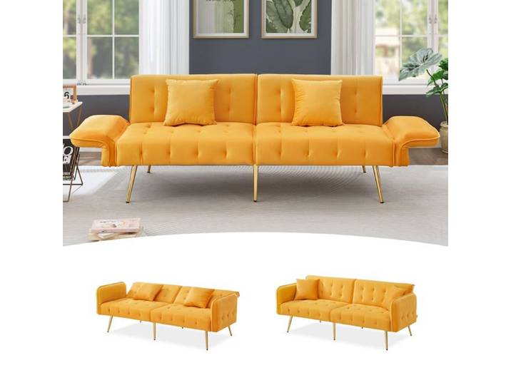 Canapé convertible en Tissu Velours - Canapé-lit Pliant - 2 places scandinave. Jaune. banquette. dossier inclinable