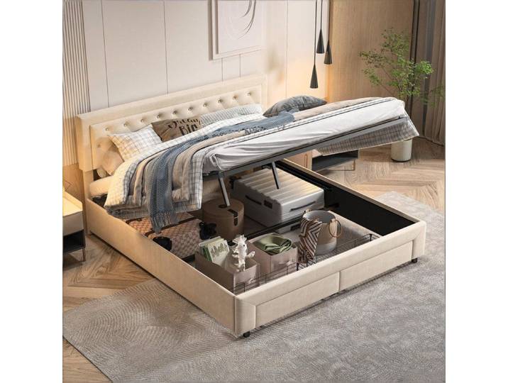 litcoffre 160 200 coffre lit 160 x 200 avec sommier lit adulte lit double avec deux tiroirs Conception de rivets Velours Beige