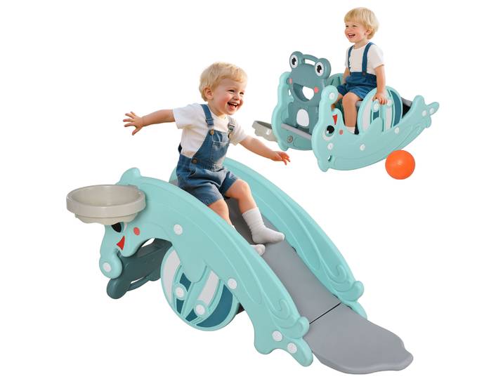 Homcom – Cheval À Bascule 3 En 1 – Toboggan\, Panier De Basket – Hdpe Robuste – 72x34x47cm – Convient Aux Enfants 18-36 Mois – Bleu Turquoise