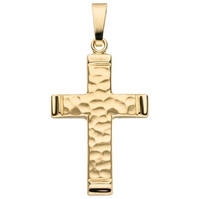 Kettenanhänger JOBO "Anhänger Kreuz", gelb (gelbgold 375), Schmuckanhänger, Damen, Gelbgold 375, Kettenanhänger, 375 Gold gehämmert 30 mm