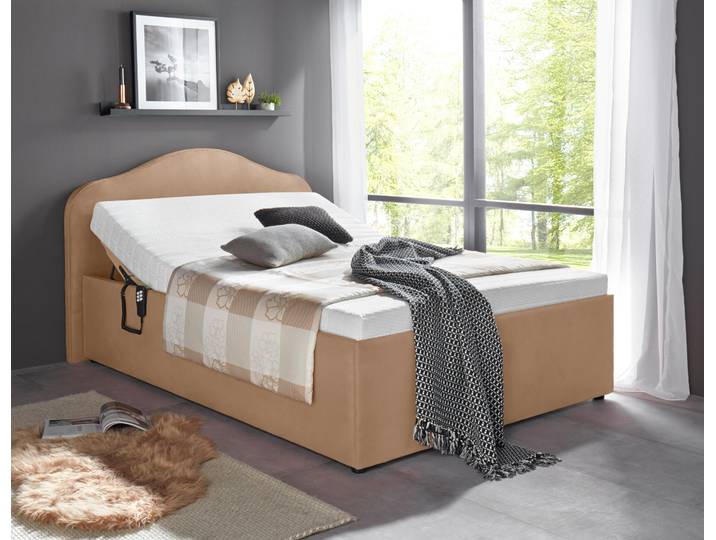 Polsterbett, Mikrovelours, Beige, 159×212 cm, Mit Motorrahmen & Bettkasten, Maintal