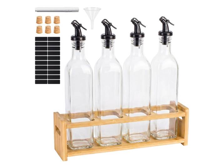 Relaxdays Ölflasche Transparent 4er-Set, Glas, Holz, Naturmaterialien, 30.5x32x8.5 cm, Geschirr, Tischkultur & Serviergeschirr, Essigspender & Ölspender