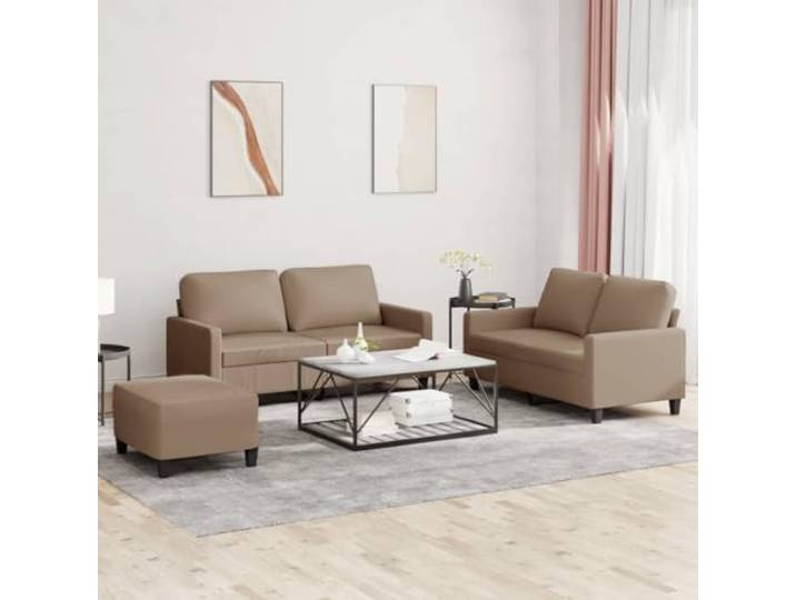 ZQQLVOO 3-TLG Sofagarnitur mit Kissen Cappuccino-Braun Kunstleder Schmutzabweisend, Pflegeleicht, Stabiler Holz-Metall-Rahmen, 110 kg Belastbarkeit pro Sitzplatz