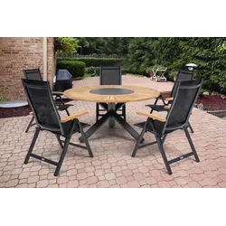 OUTFLEXX Garten-Essgruppe, OUTFLEXX® anthrazit matt, Aluminium / Teak / Textil, Ø 150 cm, 5 Klappstühle, mit Teak-Armlehnen