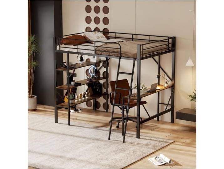 90x200cm Cadre de lit Lit en métal lit en fer lit surélevé avec bureau et trois grandes étagères pour enfants adolescents et adul