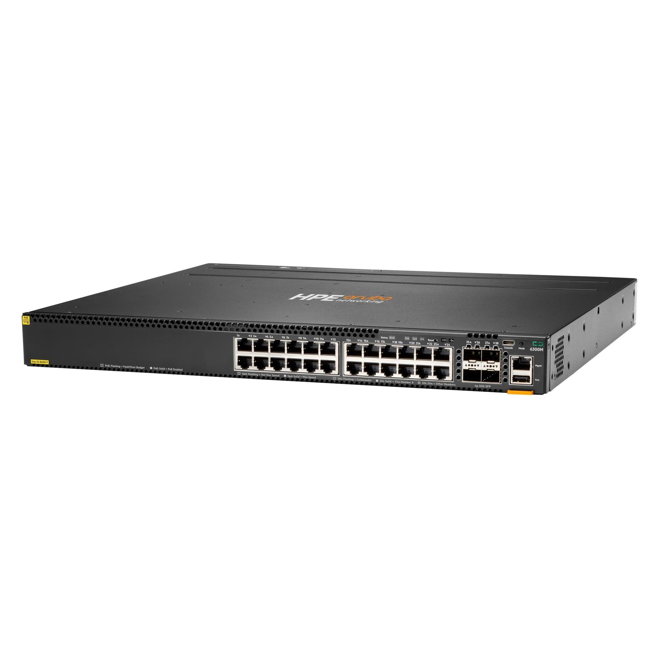 HPE E Aruba Switch, 24 Port PoE and 4 Port SFP56, Layer 3, Stackable, 1U, One Touch (24 Ports) (JL662A)