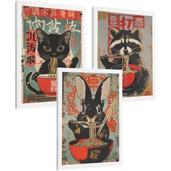 POSTER 3er Set Japanische Ramen Tier-Wandbilder Katze Waschbär und Hase Nudeln Küche Wanddeko Rahmenlos A4
