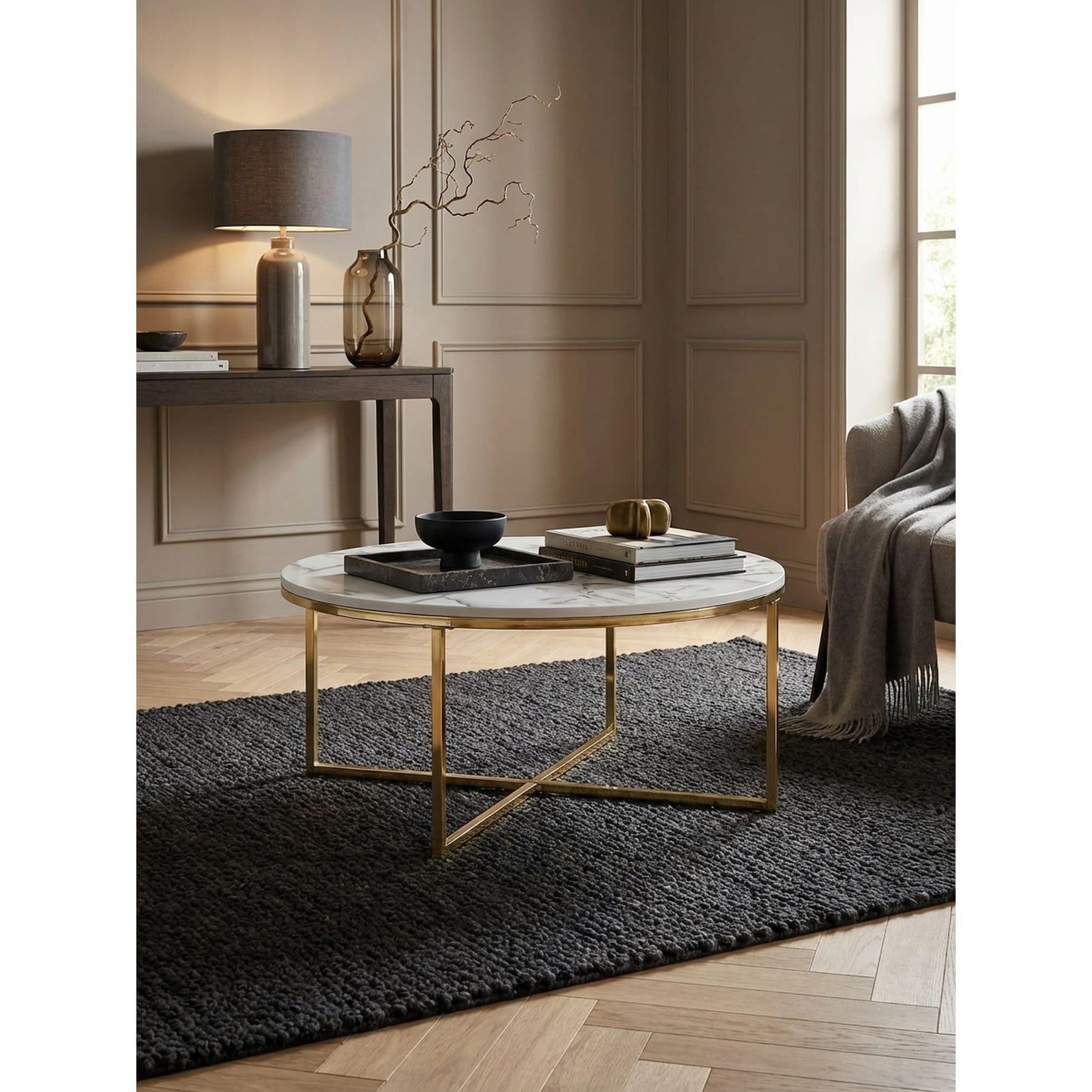Couchtisch mit Marmoroptik und Metall-Gestell, Rund, Weiß 80x80x36 cm