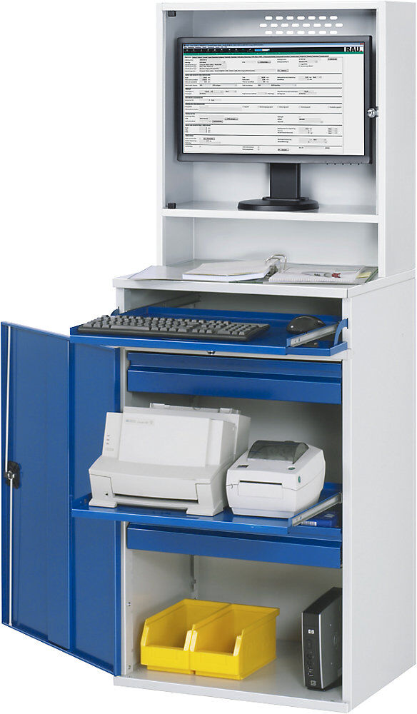 Computer-Arbeitsstation, Monitorgehäuse, 1 Ausziehboden, 2 Schubladen, Breite 650 mm, lichtgrau / enzianblau RAU