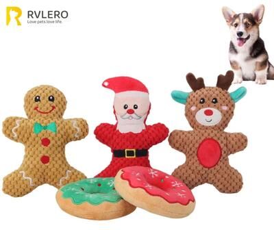 Inspire Select Christmas Plush Squeaky Dog Toy Santa, Elk & Gingerbread Chew Toy For Dogs & Cats donut Red