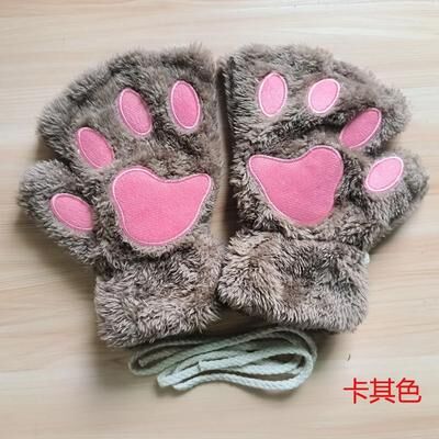 Uplift Picks Kawaii Plush Paw Gloves Cat Claw Fingerless Plush Mittens khaki